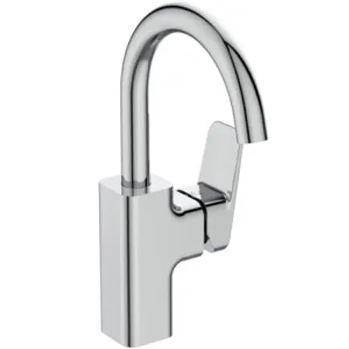 Waschtischarmatur von Ideal Standard mit gebogenem Auslauf und seitlichem Hebel, verchromte Oberfläche, geeignet für moderne Badezimmergestaltung.